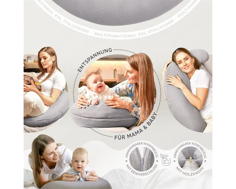 SEI Design Stillkissen Seitenschläferkissen XXL Babynest - Baby Erstausstattung Neugeborene, Schwangerschaftskissen 190x30 cm, Schwangerschaftskissen mit Bezug, Musselin Bezug 100% BIO Baumwolle, Grau, – Produktbild 3 von 5
