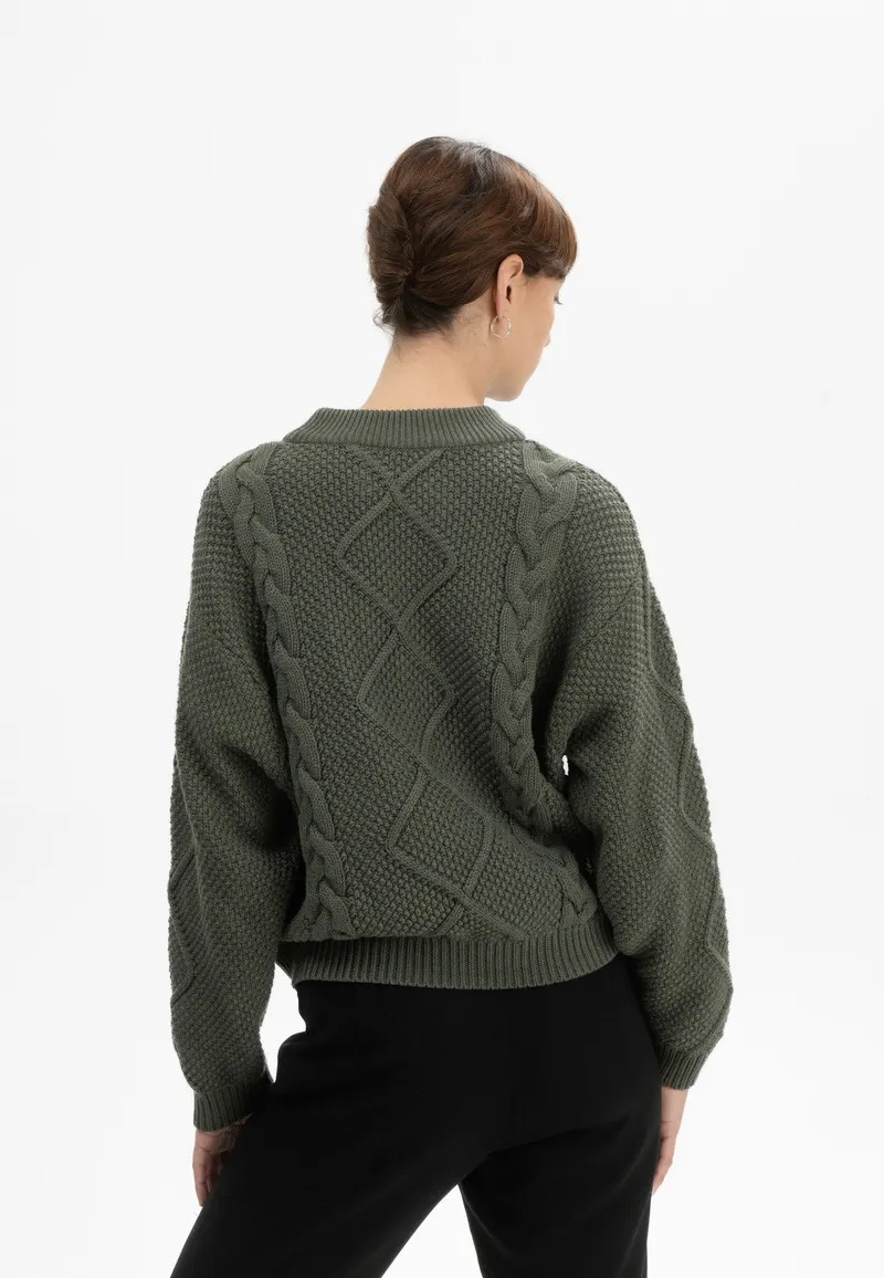 MELA MELA Damen vegan Strickpullover Cable Samaira Grün Melange, Olivgrün, – Produktbild 1 von 2