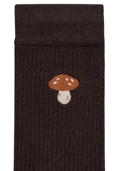 MELA MELA Gerippte Socken Stickerei 1 Paar aus 100% Bio-Baumwolle, Dunkelbraun / mushroom, – Produktbild 3 von 5