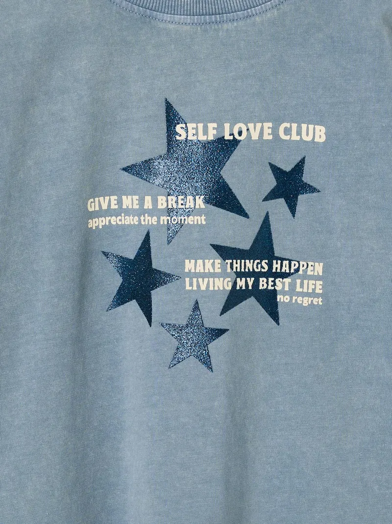 Vertbaudet Shirt mit Glitzerdetails und Used-Effekt Mädchen, Blau chambray, – Produktbild 2 von 2