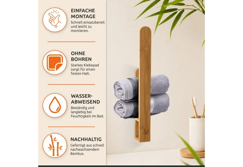 ECENCE Handtuchhalter Handtuchstange selbstklebend Holz Bambus ohne Bohren – Produktbild 2 von 5