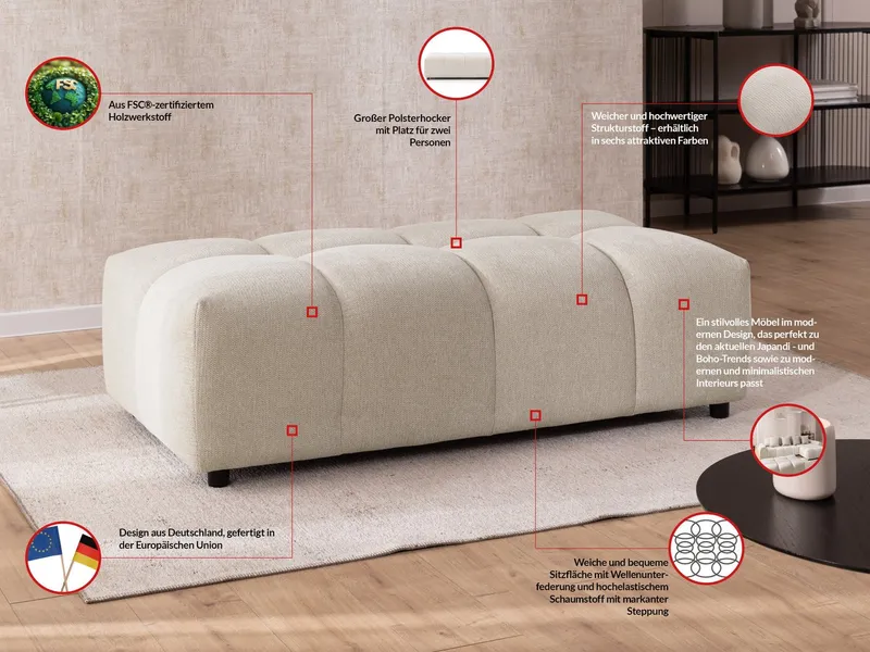 S-Style Möbel Polsterhocker Bubble mit Sitzfläche in Bubble-Optik aus weichem Strukturstoff (1 x Hocker), mit Wellenfederung, Beige, – Produktbild 4 von 5