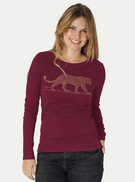 Peaces.bio - handbedruckte Biomode Peaces.bio - handbedruckte Biomode Bio-Damen-Langarmshirt Leopard, Bordeaux, – Produktbild 1 von 2