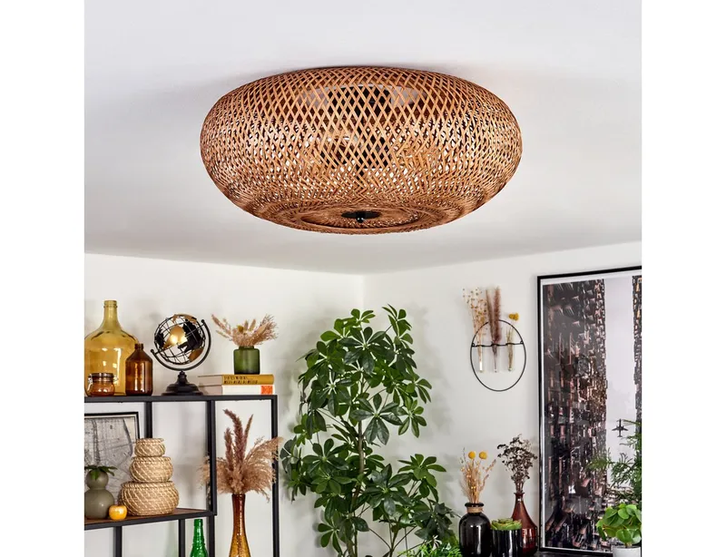hofstein Deckenleuchte moderne Deckenlampe aus Metall/Bambus/Holz in Schwarz/Natur, ohne Leuchtmittel, Boho-Design Deckenleuchte,Lichteffekt, Ø50cm, 3xE27, ohne Leuchtmittel, Beige|schwarz, – Produktbild 2 von 5