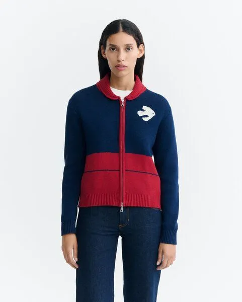 thinking mu thinking mu Strickjacke mit Reißverschluss und Retromotiv, Rot-blau-weiß, – Produktbild 1 von 3