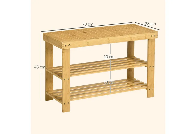 HOMCOM HOMCOM Schuhbank Sitzfläche und Stauraum, 2 Ablagen Flurbank für Wohnzimmer (Schuhregal aus Bambus, 1-St., Sitzbank), für Flur, Eingangsbereich, 70 x 28 x 45 cm, Beige, – Produktbild 3 von 5