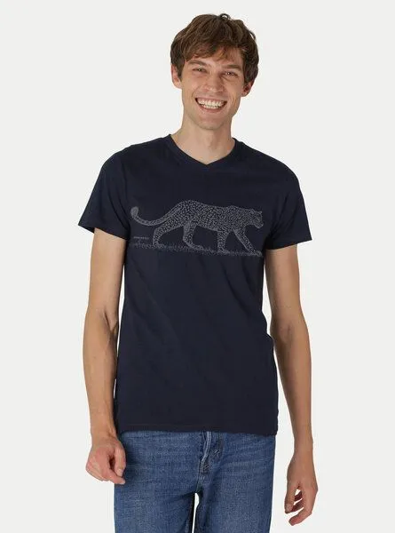 Peaces.bio - handbedruckte Biomode Peaces.bio - handbedruckte Biomode Bio-Herren-T-Shirt V-Neck Leopard, Blau, – Produktbild 2 von 2