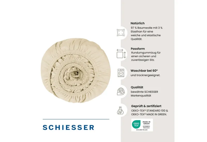 Schiesser Schiesser Spannbettlaken Elli aus weicher Baumwolle mit Elasthananteil für flexiblen Sitz, Jersey-Elasthan, Gummizug: rundum, (1 Stück), für hohe Matratzen und Boxspringbetten, OEKO-TEX® MADE IN GREEN, Beige, – Produktbild 3 von 6