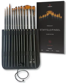 LIEBERGE Malpinsel Premium Set – 12 Langpinsel für Acryl, Aquarell, Öl, inkl. Präsenter, (Set, 12 St., Pinselpräsenter, Flachpinsel, Fächerpinsel, Rundpinsel, Schrägpinsel), langer Stiel, Synthetikhaar, vegan, hohe Farbaufnahme, Profis – Produktbild 1 von 1