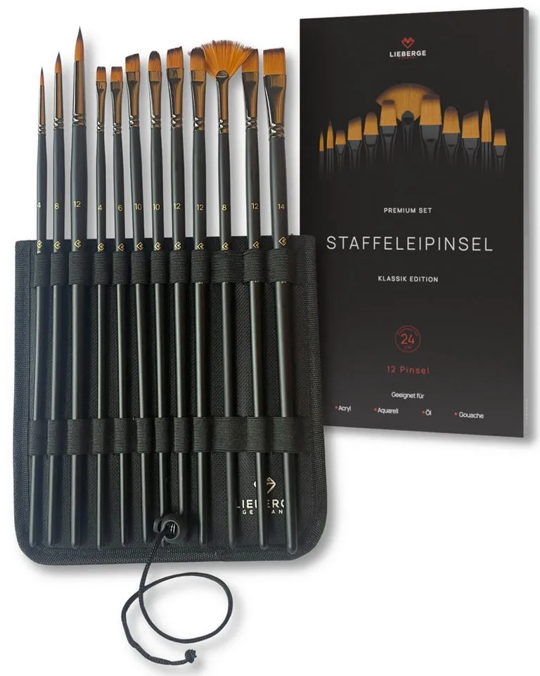 LIEBERGE Malpinsel Premium Set – 12 Langpinsel für Acryl, Aquarell, Öl, inkl. Präsenter, (Set, 12 St., Pinselpräsenter, Flachpinsel, Fächerpinsel, Rundpinsel, Schrägpinsel), langer Stiel, Synthetikhaar, vegan, hohe Farbaufnahme, Profis, Schwarz, – Produktbild 1 von 5