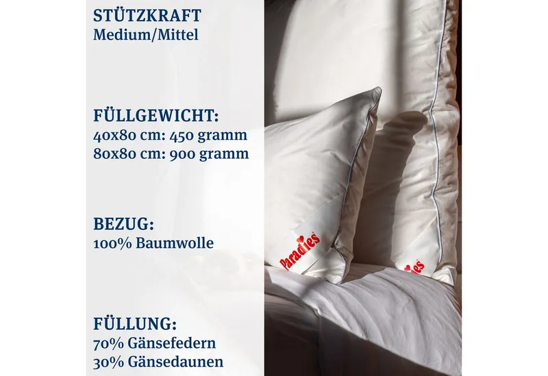Paradies Paradies Federkissen Cleo, Füllung: 70% Gänsefedern, 30% Gänsedaunen, Bezug: 100% Baumwolle, Seitenschläfer, Bauchschläfer, Rückenschläfer, kuschelige Entlastung von Kopf und Nacken – Produktbild 3 von 5