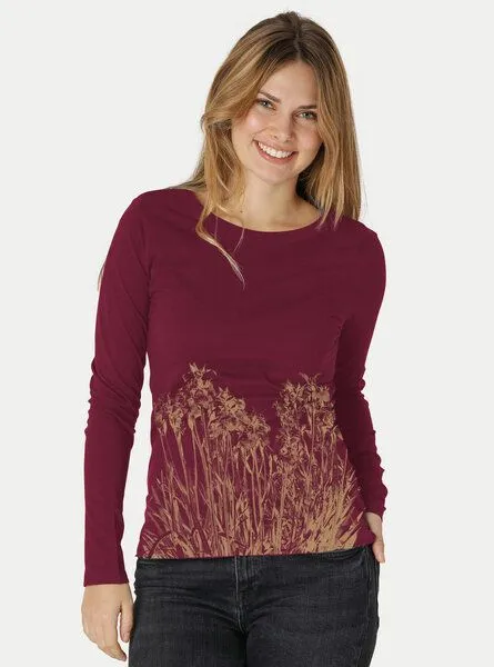 Peaces.bio - handbedruckte Biomode Peaces.bio - handbedruckte Biomode Langarmshirt Damen Mystic Iris, Bordeaux, – Produktbild 2 von 2
