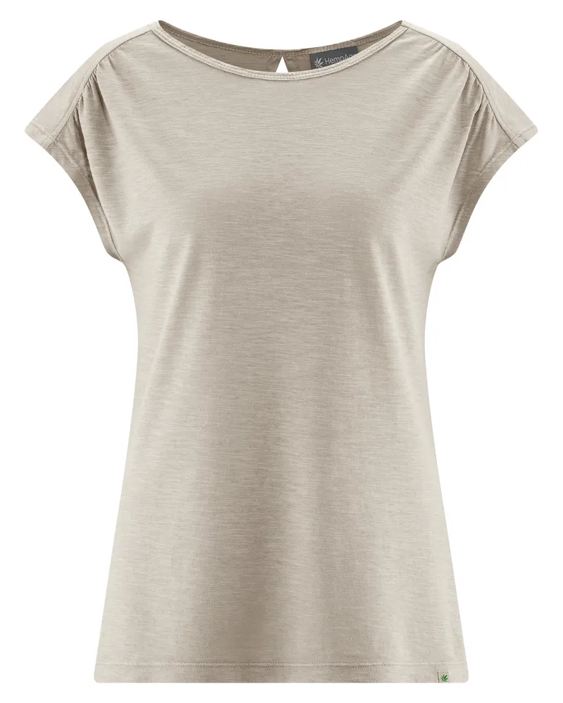 HempAge Hempage Damen vegan T-Shirt Mit Ausschnitt Am Rücken Distel Beige, Beige, – Produktbild 1 von 2
