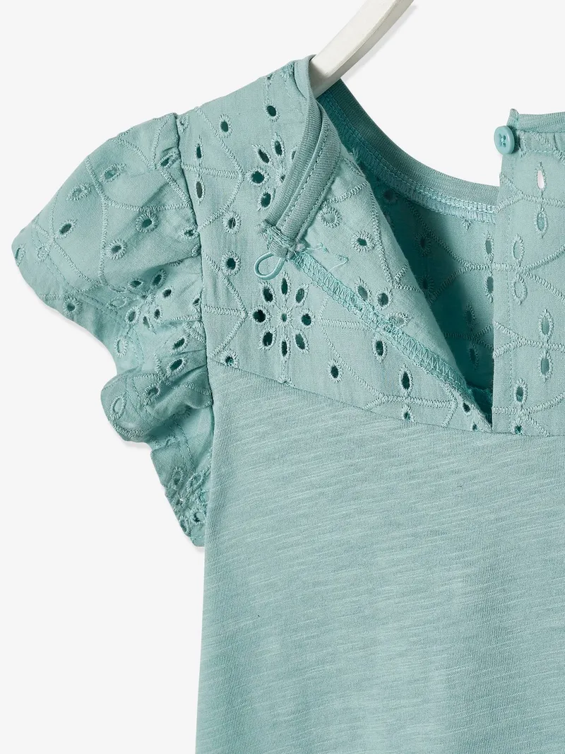 Vertbaudet Mädchen T-Shirt mit Volantärmeln und Lochstickerei, Hellgrün, – Produktbild 2 von 3