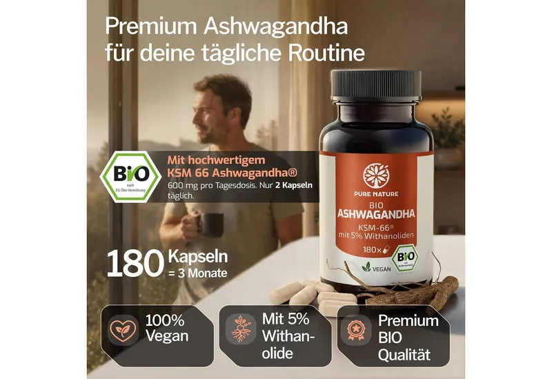 Pure Nature BIO Ashwagandha Kapseln KSM-66 hochdosiert, 30 mg Withanolide Kapseln, 67 g – Produktbild 1 von 5