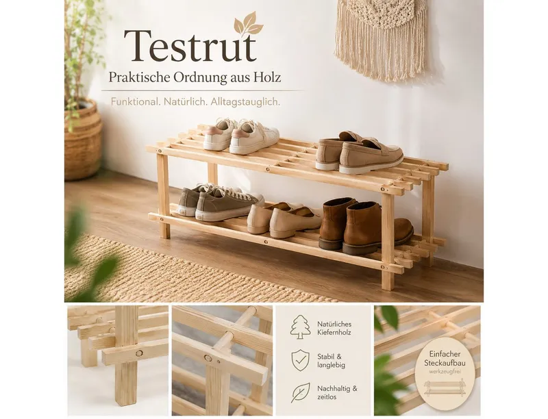 Testrut Testrut Schuhregal Schuhregal, Holz, 2 Ebenen, 1-tlg., Braun, – Produktbild 5 von 5