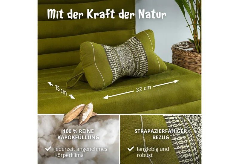 livasia Nackenstützkissen Knochenkissen, vegan und handgefertigt, Ø 15x32cm, Kapok, Grün, – Produktbild 4 von 5
