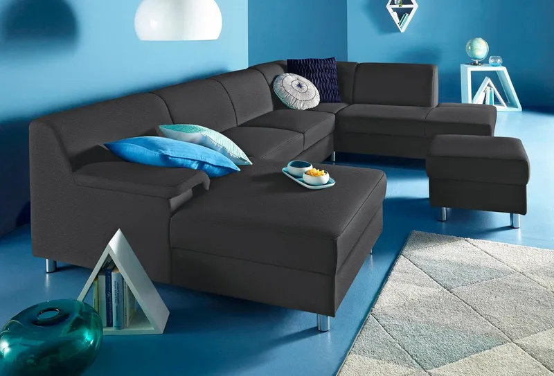 Home affaire Wohnlandschaft Jamie, zeitloses Design, fester Sitzkomfort, viel Platz, U-Form, wahlweise mit Bettfunktion, Schwarz, – Produktbild 2 von 5