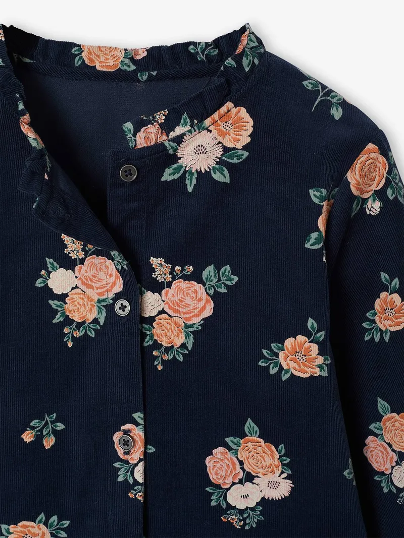 Vertbaudet Kleid mit Stehkragen aus Feincord Mädchen blumen, Nachtblau blumen, – Produktbild 3 von 3