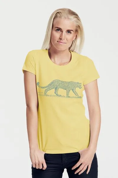 Peaces.bio - handbedruckte Biomode Peaces.bio - handbedruckte Biomode Bio-Damen-T-Shirt "Leopard", Pastellgelb, – Produktbild 1 von 1