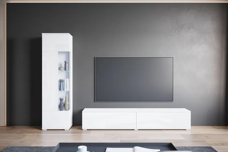 OTTO home Wohnwand Kenia, Vitrine Türanschlag links/rechts wechselbar, (Komplett-Set, 2-St), Vitrine mit Eckverglasung, hängend und stehend montierbar, Weiß, – Produktbild 5 von 5