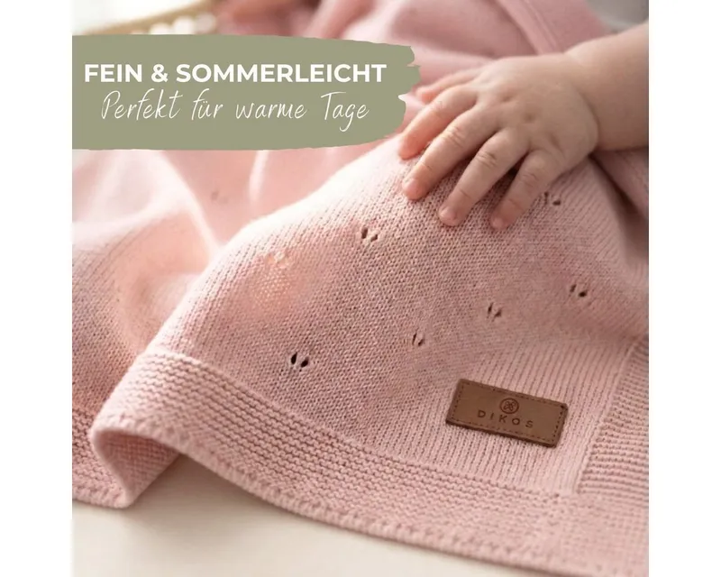 Babydecke DIKOS® aus *100%* Bio Baumwolle, Strickdecke, Geschenk zur Geburt, DIKOS, PREMIUM Qualität, Sommerdecke Ajour, 75x100, atmungsaktiv, weich, Rosa, – Produktbild 2 von 5