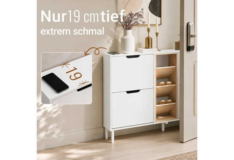 SoBuy Schuhkipper FSR183, Schuhschrank schmal, Flurschrank Schuhregal Schuhkommode Weiß, Schuhkipper, nur 19 cm tief, 4 Klappen & offene Fächer, Bambus-Holz, Weiß, – Produktbild 3 von 5
