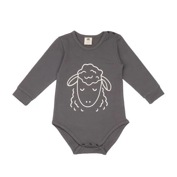 Walkiddy Baby Langarmbody GOTS-zertifiziert aus Bio-Baumwolle, grau mit Tiermotiv, weicher Jersey, Druckknöpfe im Schritt – Walkiddy – Produktbild 1 von 2
