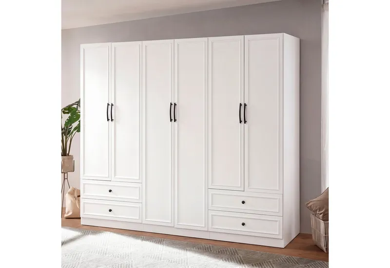 OTTO home Kleiderschrank Arrian 240 cm Weiß, 6-türiger Drehtürenschrank im Landhausstil (mit 4 Schubladen & Organizern, FSC Zertifiziert) XXL STAURAUM FÜR IHR ZUHAUSE – Produktbild 2 von 5