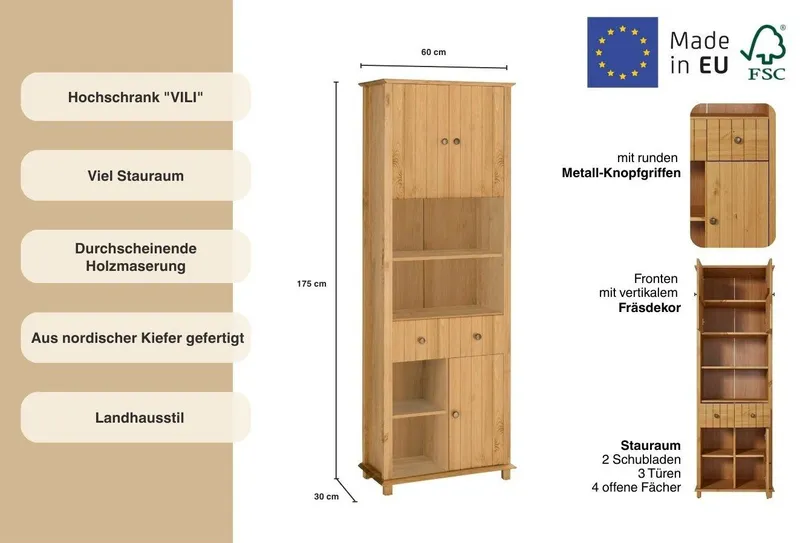 Home affaire Hochschrank Vili Badezimmerschrank, Höhe 175 cm, 2 Schubladen, 3 Türen, aus Massivholz, Beige, – Produktbild 3 von 5