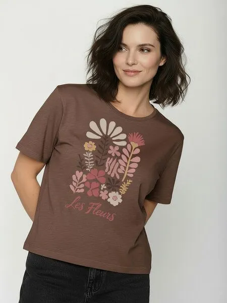 GreenBomb GREENBOMB Les Fleurs Nova - Kastiges T-Shirt aus Bio-Baumwolle / hochwertiger Print / GOTS / Fair & Vegan, Braun (earth wood), – Produktbild 2 von 4