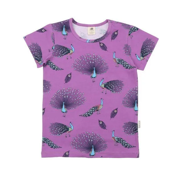 Walkiddy Walkiddy Kinder T-Shirt GOTS-zertifiziert aus Bio-Baumwolle lila mit Pfauenfeder-Muster, Blau, – Produktbild 1 von 3