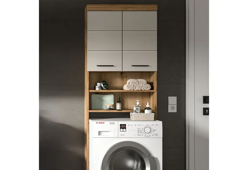 furnling Waschmaschinenumbauschrank Scott 2 offene Fächer, 2 Türen, platzsparend, Badmöbel, Badschrank, Umbau, Grau, – Produktbild 2 von 5