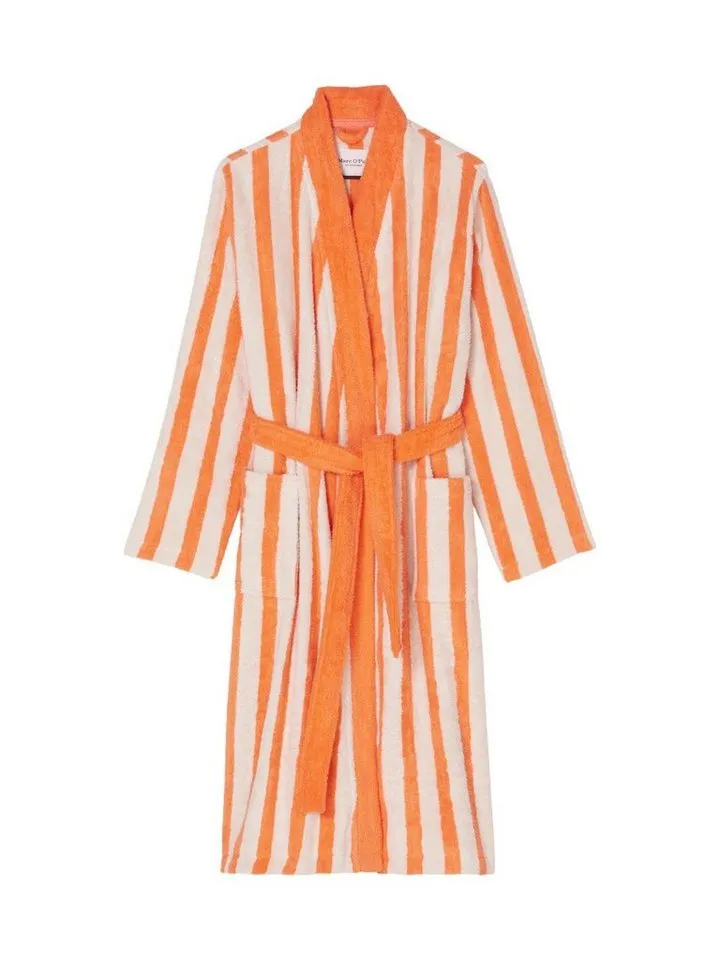 Marc O'Polo Home Damenbademantel Heritage Women, Midilänge, Baumwolle, Schalkragen, Gürtel, Jacquard-Streifen, Orange, – Produktbild 1 von 4