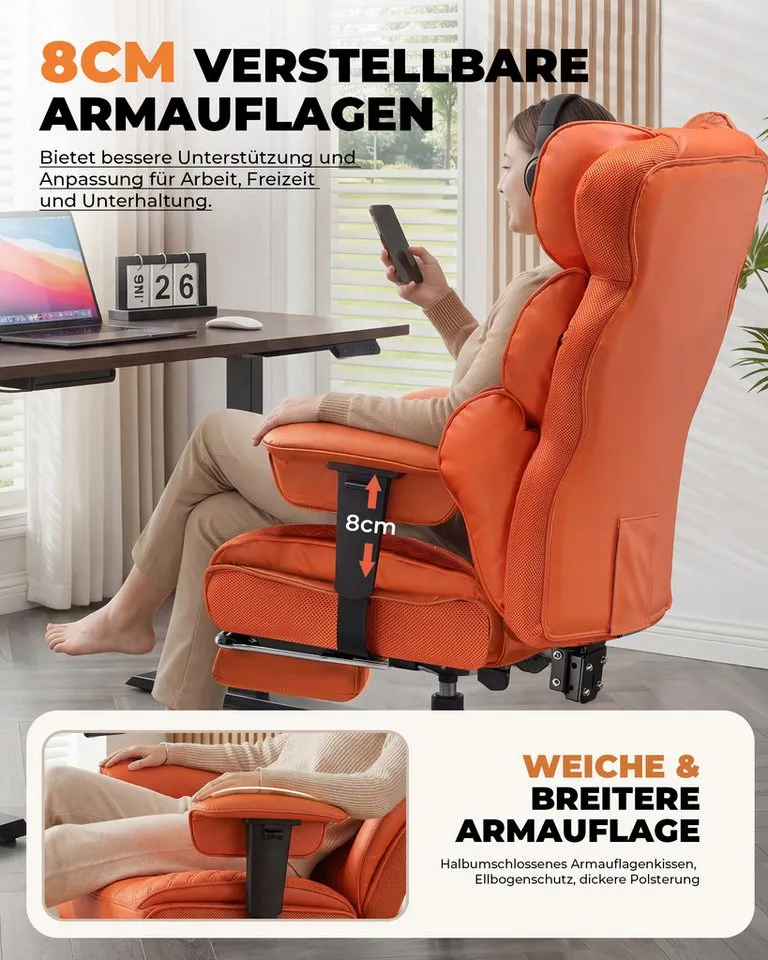 COMHOMA Gaming-Stuhl Ergonomischer Bürostuhl 180 kg, mit Lendenstütze & Fußstütze, 135° verstellbare Rückenlehne, hoher Chefsessel, Orange, – Produktbild 4 von 5
