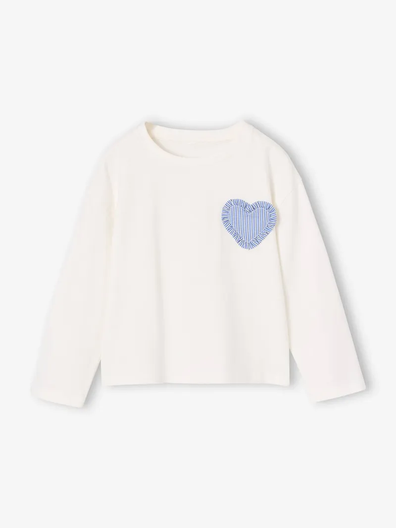 Vertbaudet Shirt mit Herz-Applikation Mädchen, Wollweiß/herz gestreift, – Produktbild 1 von 3