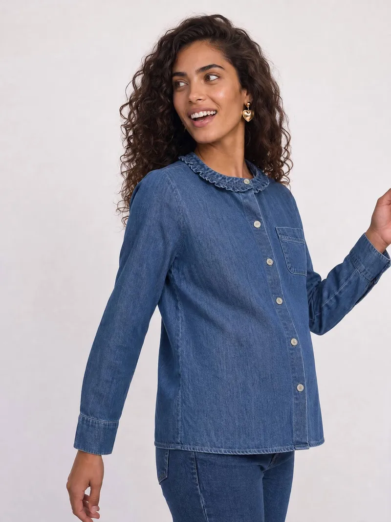 Vertbaudet Umstands-Jeansbluse mit Rüschen am Halsausschnitt mittel, Mittelblau, – Produktbild 3 von 4