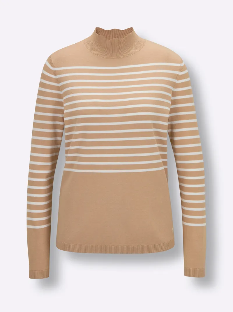 Feinstrickpullover, Camel-ecru-geringelt, – Produktbild 1 von 2