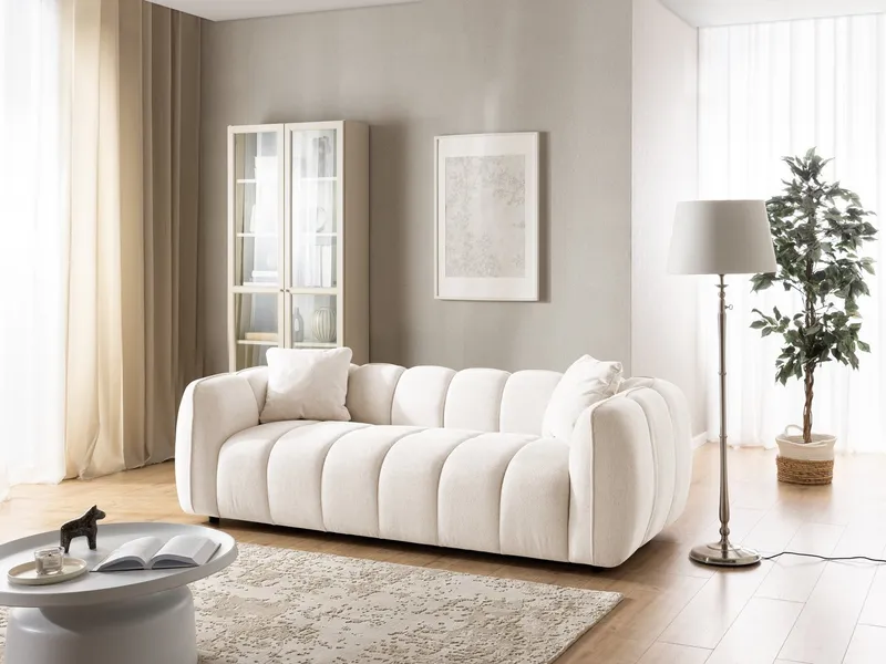 S-Style Möbel Sofa 3-Sitzer Nubira in tief gesteppter Bubble-Optik aus Strukturstoff, mit modernem Design und Wellenfederung, Beige, – Produktbild 4 von 5