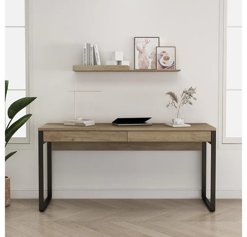 OTTO home Schreibtisch Moid, Computertisch im modernen Design, Breite 120/140/160 cm, mit Metallbeinen & Schublade, Beige|schwarz, – Produktbild 2 von 8