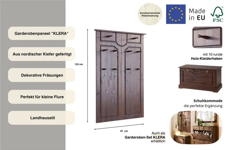 OTTO home Garderobenpaneel Klera, mit dekorativen Fräsungen, Kiefer, Landhausstil (Made in Europe), Mit 10 Kleiderhaken, aus massiver Kiefer, Braun, – Produktbild 4 von 5