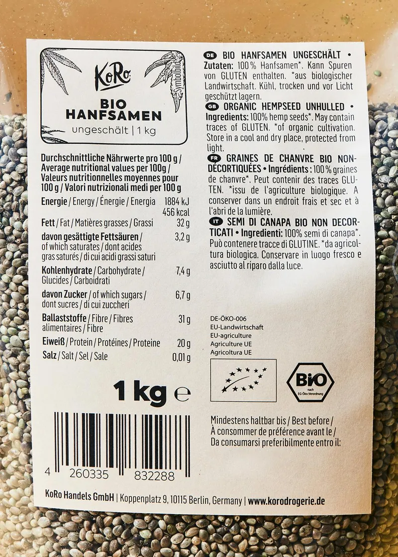 KoRo Ungeschälte Bio Hanfsamen 1 kg – Produktbild 3 von 5