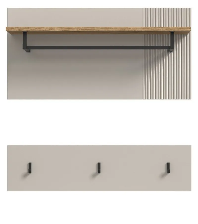 Inn.Furn Garderobenpaneel Skid (Wandgarderobe in Kaschmir Sand mit Eiche, Set 2-teilig, 80 x60 cm), mit Kleiderstange und Fräsungen, Beige, – Produktbild 1 von 5