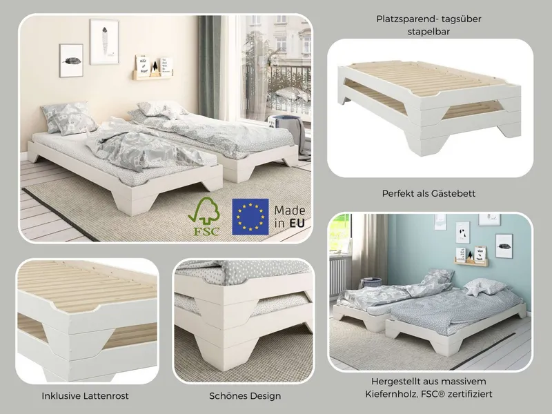 OTTO home Massivholzbett Melwine – Stapelbett aus massiver Kiefer, platzsparend & flexibel (2-tlg., in 2 Ausführungen- als Einzelbett oder Set aus 2 Betten), Mit Lattenrost, ideal als Gästebett, FSC® zertifiziert, Made in Europe, Weiß, – Produktbild 3 von 6