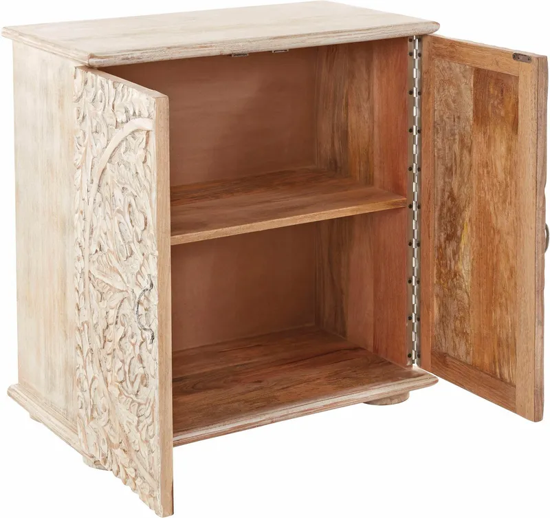 OTTO home Kommode Salim Sideboard handgefertigt, 2 Türen und dekorative Schnitzereien, Fronten mit individuellen Schnitzereien und Bügelgriffe aus Metall, Beige, – Produktbild 1 von 5