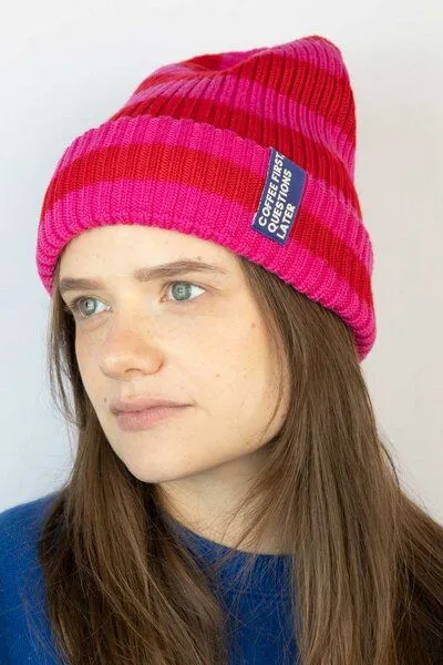 Strickmütze aus Merinowolle, abstehend Unisex Kiwistories, Pink blau, – Produktbild 4 von 4