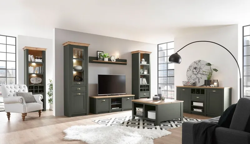Home affaire Wohnwand Cambridge, moderne Anbauwand, Metallgriffen, Komplettset, Landhausstil, (Set, 4-St), enthält Regal, Vitrine, Lowboard und Wandboard, ohne Beleuchtung, Grün, – Produktbild 5 von 5