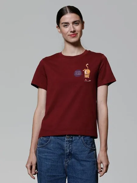 watapparel watapparel T-Shirt Frauen Funny Cat, Burgundy, – Produktbild 2 von 3