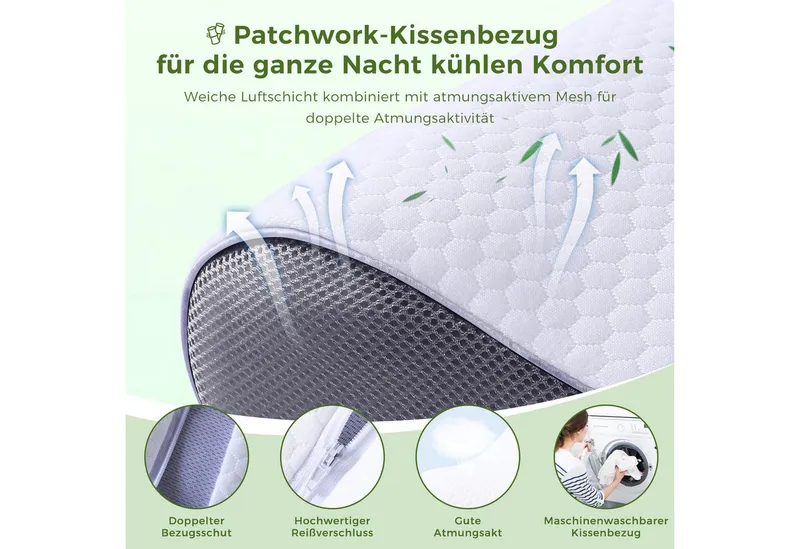 Elegear Nackenstützkissen nackenkissen orthopädisch, kopfkissen nackenschmerzen, schlafkissen, Füllung: Memory Foam, Seitenschläfer, Bauchschläfer, Rückenschläfer, 55 x 35cm Ergonomisches kopfkissen mit kissenbezüge, Grau, – Produktbild 5 von 5