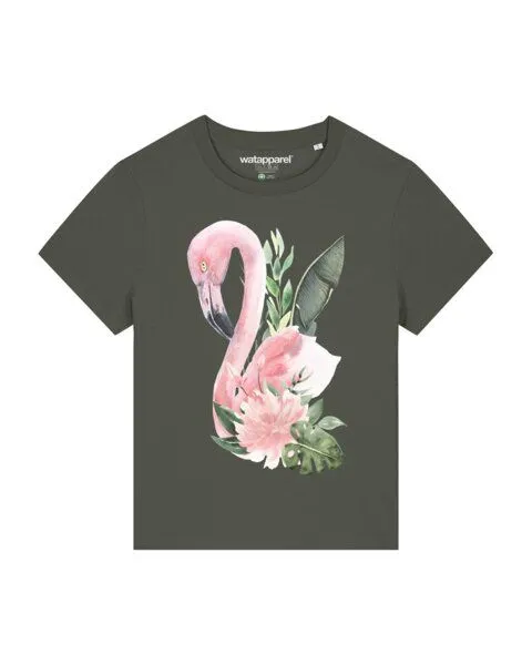 watapparel watapparel T-Shirt Frauen Flamingo mit Blumen, Khaki, – Produktbild 1 von 3